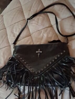 Source Unknown Black Fringe Cross Studded Crossbody Bag